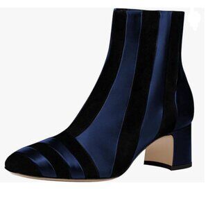 FSJ Navy Point Toe Chunky Heel Patchwork Ankle Boots Trendy Side Zipper Shoes